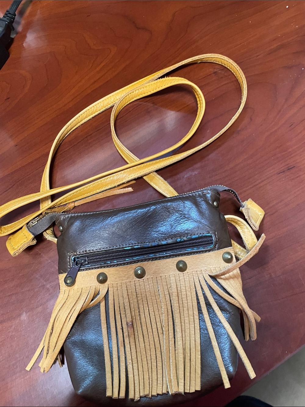 Two-Tone Brown and Mustard Fringe Crossbody Bag